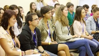 Boys and girls at Global Youth Voice - AIESEC International Congress 2012 in MGIMO, on August 18, 2012 in Moscow, Russia.