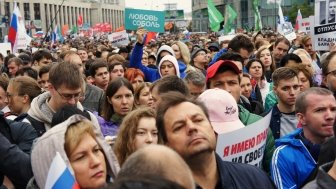 Moscow, August 10 2019. Protesters at allowed meeting at Sakharova Ave in Russia's capital.The meeting united more than 60 000 people being the biggest meeting since 2012 organized by opposition.