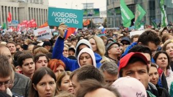 Moscow, August 10 2019. Protesters at allowed meeting at Sakharova Ave in Russia's capital.The meeting united more than 60,000 people being the biggest meeting since 2012 organized by opposition.