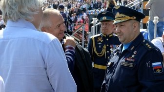 MOSCOW, RUSSIA - MAY 7, 2019: Commander-in-Chief of the Aerospace Forces of the Russian Federation, Colonel General Sergei Surovikin at a rehearsal of the parade on Red Square in honor of Victory Day