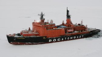 The Arctic Ocean - September 27, 2011: Russian nuclear-powered icebreaker Rossiya (Russia) is seen during its trip to the Russian drift station