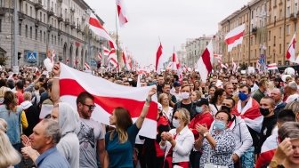 Minsk, Belarus-August 23, 2020: Peaceful protests in Belarus. People at a protest in Belarus. Strike in Belarus. Big peace rally in Minsk. Flag of Belarus. White red white