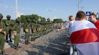 Minsk, Belarus - August 30, 2020. Barbed wire, troops. Protesting against dictator Lukashenko. Protest march against the results of the presidential elections, peaceful protests.