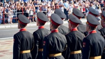 Tiraspol, Transnistria - September 2, 2020: military parade dedicated to the 30th anniversary of independence, soldiers in full dress uniforms, Russian text on Chevron - armed forces of Transnistria