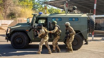 Nagorno-Karabakh - October 8, 2020. The military in special camouflaged clothing with machine guns