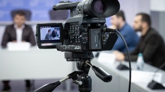 News conference, TV camera in press center. Kyiv, Ukraine. October 29, 2020.