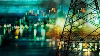 market stock graph and information with city light and electricity and energy facility industry and business banner background