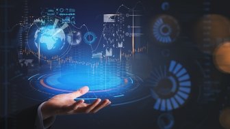 Hand and stock market statistics, blue and orange hologram with candlesticks, big data information and network connection. Global finance and online trading