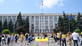 Chisinau Moldova 07.05.2021: people gathered in front of parliament in the center of Chisinau before the party elections