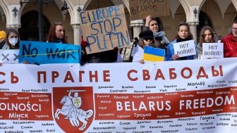 Belarusian people protesting against the Russian invasion of Ukraine