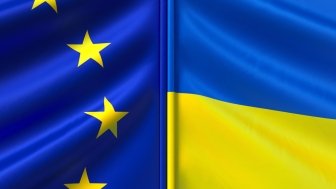 Flags of Ukraine and the European Union. Blue flag with stars. Blue and yellow flag. State symbols. Sovereign state. Independent Ukraine. 3D illustration