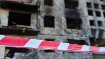 The remains of a Kyiv building after bombing.