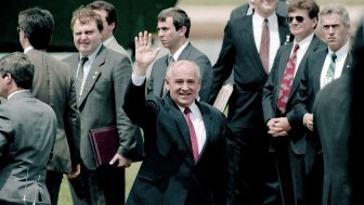 WASHINGTON, DC. - JUNE 2, 1990 Russian President Mikhail Gorbachev along with his wife Raisa prepares to depart from Washington DC by Helicopter from the "Rainbow Pool" landing area on 17th st. NW.