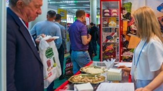 Vendor stalls at the 30th International Exhibition for Food, Beverages, and Food Raw Materials in Moscow, Russia