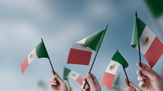 A group of people holding small flags of the Mexico in their hands.