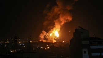 A ball of flames erupted after the Israeli warplanes bombed a military site of the Martyr Izz al-Din al-Qassam Brigades, the military wing of Hamas, in Rafah, in southern Gaza Strip, on May 3, 2023.