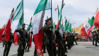 Puebla, Mexico; May 5, 2023: Mexican soldiers and cadets march in the civic parade of the battle of May 5 in the state of Puebla.