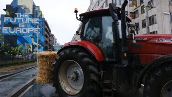 Farmers use tractors during a protest of European farmers over price pressures, taxes and green regulation, on the day of an EU Agriculture Ministers meeting in Brussels, Belgium, February 26, 2024.