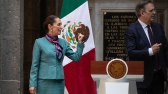 Mexico City, Mexico October 15 2024. Claudia Sheinbaum Pardo, president of Mexico at a press conference after the CEO Dialogue meeting at the National Palace. She is accompanied by Marcelo Ebrard.