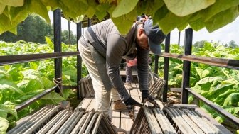 Deep Run, NC – July, 25, 2023: A Mexican H-2A farm worker packs tobacco leaves on a farm in Eastern North Carolina during the harvest in late July.