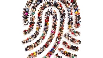 Large group pf people in the shape of a fingerprint on an isolated white background. 