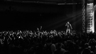 Black and white image of a rock concert 