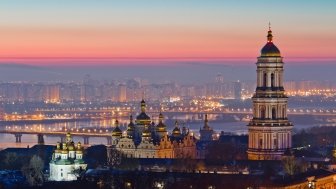 Aerial sunrise photo of the Kyiv-Pechersk Lavra