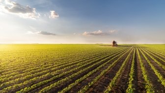 Tractor spraying pesticides on soybean field with sprayer at spring