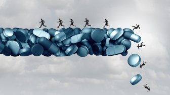 pioid health risk and medical crisis with a prescription painkiller addiction epidemic concept as a group of people running away from a falling bridge of pills with 3D illustration elements.