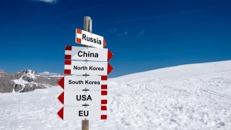 Concept art. Sign posts for North Korea, South Korea, USA, EU, China and Russia point in different directions.