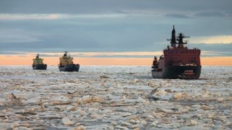 Russian icebreakers sail in the North Sea.