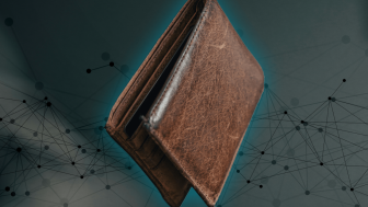 An image of a brown leather wallet suspended in air with a blue glow