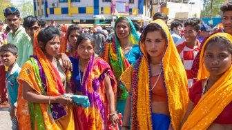 Indian bhil tribal man women crowd during Bhagoria Festival Jhabua districts of Madhya Pradesh India