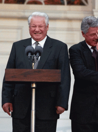 resident William J. Clinton and President Boris Nikolayevich Yeltsin delivering a joint press statement on the steps of Springwood, Franklin Delano Roosevelt's historic home in Hyde Park, New York. The image was photographed by Ralph Alswang.