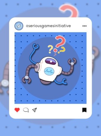 The robot from the game with question marks above their head in the format of an instagram post tagging the account (@SeriousGamesInitiative_