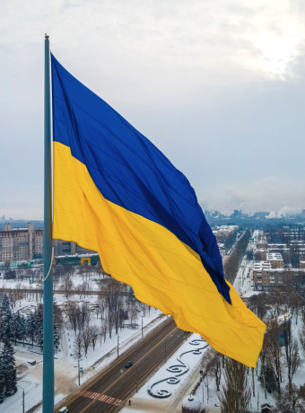 The aerial view of the Ukraine flag in winter