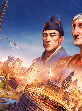 Image from the presskit for the game Civilization 6. Shows 3 leaders from the game, as well as monuments such as the Eiffel Tower.