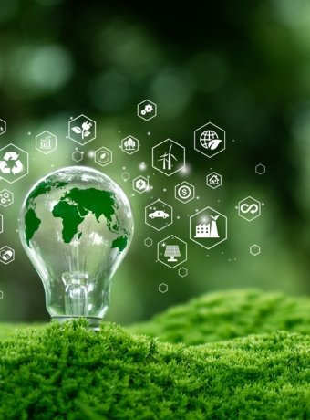 Green map in light bulb with renewable energy icon. Carbon emission low neutral, net zero, ESG, sustainable Environment.green energy. World Environment Day. Green business.