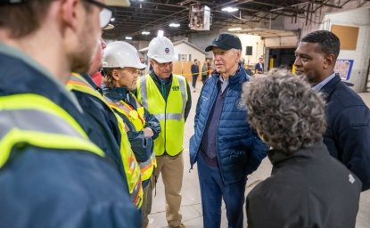 President Joe Biden receives a briefing on the response and recovery efforts in response to the 2023 Norfolk Southern train derailment, Friday, February 16, 2024, in East Palestine, Ohio. (Official White House Photo by Adam Schultz)