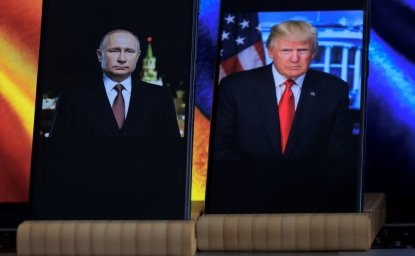 Photos of Putin and Trump with Ukrainian Flag in Background