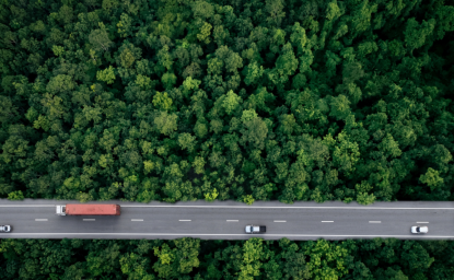 Aerial view of a road through a forest