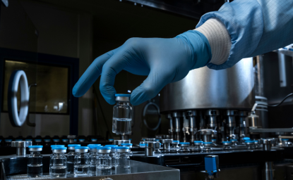 A gloved hand places a vial of medicine in a row