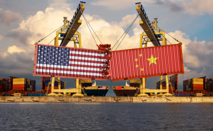 Shipping containers with the US and Chinese flag collide