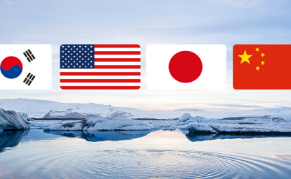 Photo of Arctic overlaid with flags of Japan, USA, China and South Korea