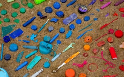 Collected plastic during Community Cleanup at the local shoreline and harbourfront of Hamilton in Spring. Plastic is sorted by colour.