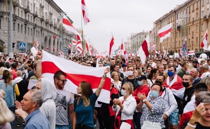 Minsk, Belarus-August 23, 2020: Peaceful protests in Belarus. People at a protest in Belarus. Strike in Belarus. Big peace rally in Minsk. Flag of Belarus. White red white