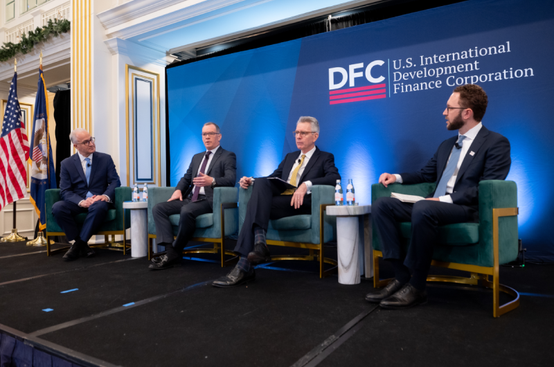 Mark Kennedy moderates a panel at the DFC 5th anniversary event