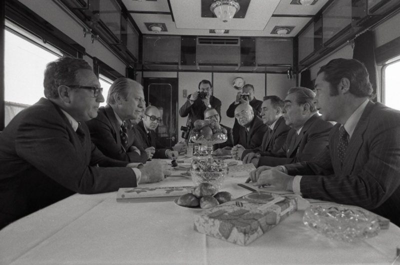 This photograph depicts events surrounding the November 23-24, 1974 summit meetings on arms control between the United States and the Soviet Union (U.S.S.R.). The meetings were held at the Okeansky Sanatorium in Vladivostok, U.S.S.R.