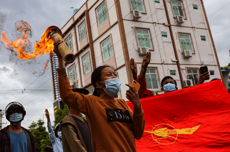 People of Myanmar protest calling for freedom and release of Myanmar's ousted civilian leader Aung San Suu Kyi, against a military coup in Mandalay, Myanmar, on July 18.2021