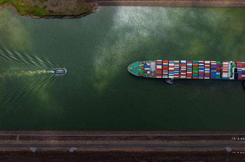 Aerial view of container ship in Panama Canal